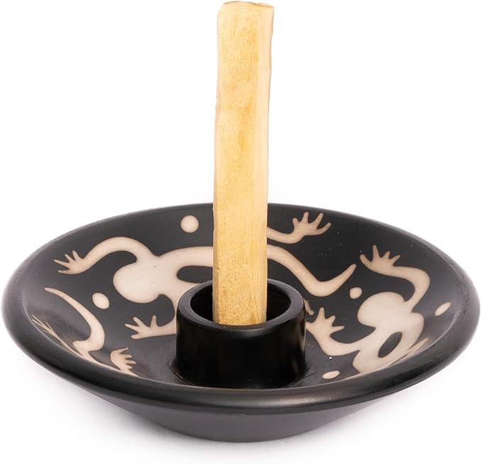 Luna Sundara Authentic Peru Pottery Palo Santo Stick Holder and Incense Holder Includes 5 Palo Santo Sticks Handmade Ceramic Smudge Bowl Sage Holder Palo Santo Holder (Black and White Lizard)