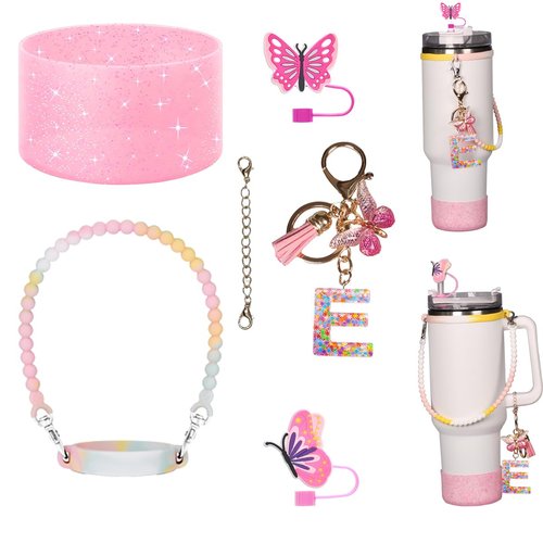 BSHYT 6pcs Pink Stanley Cup Accessories Set - Silicone Boot, Straw Covers, Handle & Charm for 30/40oz Tumbler