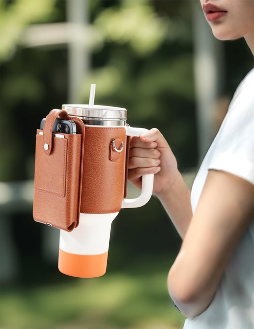 molshine Water Bottle Carrier Bag Holder with Phone Pocket Adjustable Strap for Stanley 30 40oz, Insulated PU Leather Cover Sleeve Sling Crossbody Bag for Walking Camping Hiking Travelling (Brown)