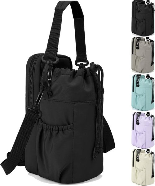 JRQCSJY Water Bottle Holder with Strap, 32/40oz Insulation Water Bottle Carrier Bag with Phone Pocket, Water Bottle Sling Bag Crossbody Water Bottle Holder for Hiking Walking(Black)