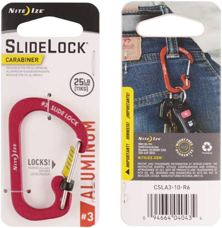 Nite Ize Size-3 S-Biner SlideLock Carabiner, Locking Carabiner Key Chain, Aluminum, Red