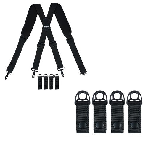 KUNN Tactical Duty Belt Suspenders with Metal Hook,Men Padded Police Harness for Duty Belt,Black + Nylon Duty Belt Keeper with Hook and Loop Snap,Belt Keepers for 2.25" Duty Belt, 4 Pcs