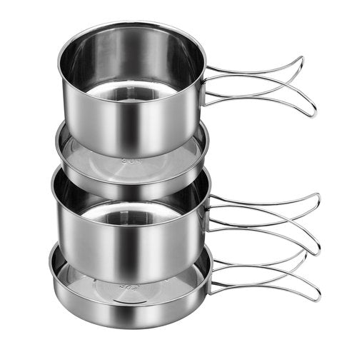 18/8 Stainless Steel Camping Cook Pot Set of 4 pcs, Camping Messware Kit, Camping Cooking Set, Backpacking Camping Cookware, Picnic Camping Cooking Mess Kit