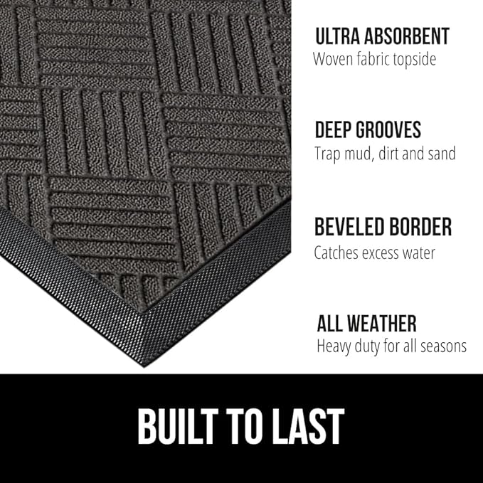 GORILLA GRIP 100% Waterproof All-Season WeatherMax Doormat, 23x35, Durable Natural Rubber, Stain and Fade Resistant, Low Profile, Indoor Outdoor Door Mats, Easy Clean Patio Entrance Mat, Gray Diamond