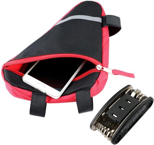 2 Pieces Bike Triangle Bags, Waterproof Bicycle Front Tube Frame Bag, Double-Sided Reflective Decoration Makes Night Riding Safer (Red + Black)