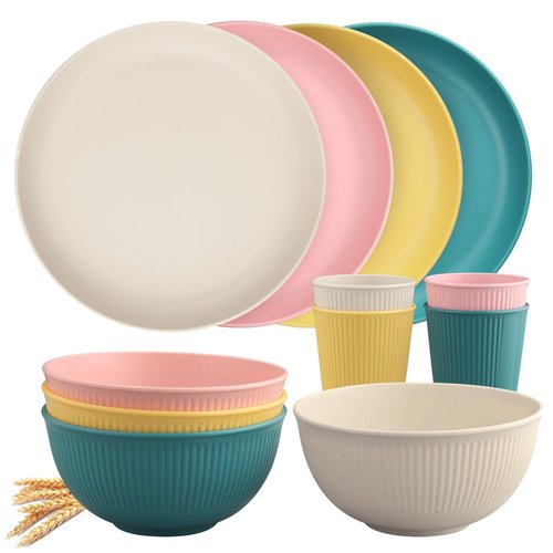 Tanice Plastic Dinnerware Set, 12PCS Outdoor Plates and Bowls Sets, Kids Dinnerware Set for 4, Plastic Dishes Set with Pltaes, Bowls, Cups for Kitchen, Outdoor Camping