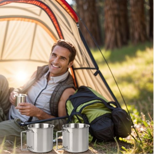 Wsaikis Camping Cups with Folding Handles, Camping Mugs Set of 2,Camping Coffee Mugs, Stainless Steel Camping Mugs,Portable 12oz Camping Cup for Outdoor Picnic Hiking Backpacking (Silver)