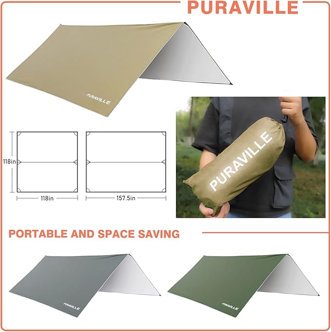 Puraville Camping Tarp Waterproof, Hammock Rain Fly Tent Tarp - 12 10 ft Rectangle Lightweight Camping Tarps, Portable Rain Fly for Camping Backpacking (Khaki)