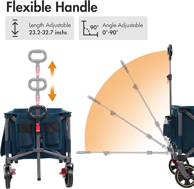 PORTAL 51.2" Long Wagons Carts Foldable with Brakes, Large Collapsible Wagon with Cargo Net, Side Pocket, Cup Holders, 350 LBs Heavy Duty Utility Grocery Wagons for Sports, Camping