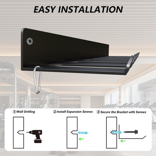 Wall-Mounted Gym Equipment Storage Rack - Home Gym Resistance Band Rack for Resistance Bands, Barbells, Jump Ropes, Lifting Belts, and More | Includes 8 Hooks and Carabiners