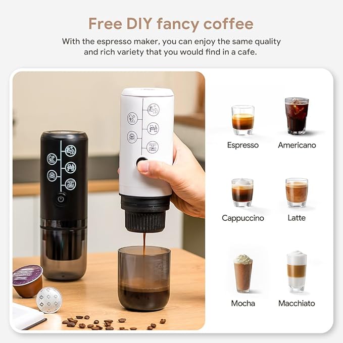BENFUCHEN 3-in-1 Portable Espresso Machine With NO Heating Function, Type-C Charging Electric Espresso Maker, 17 Bar Mini Coffee Maker For NESPRESSO/DolceGusto pods & Ground Coffee On the Go, White