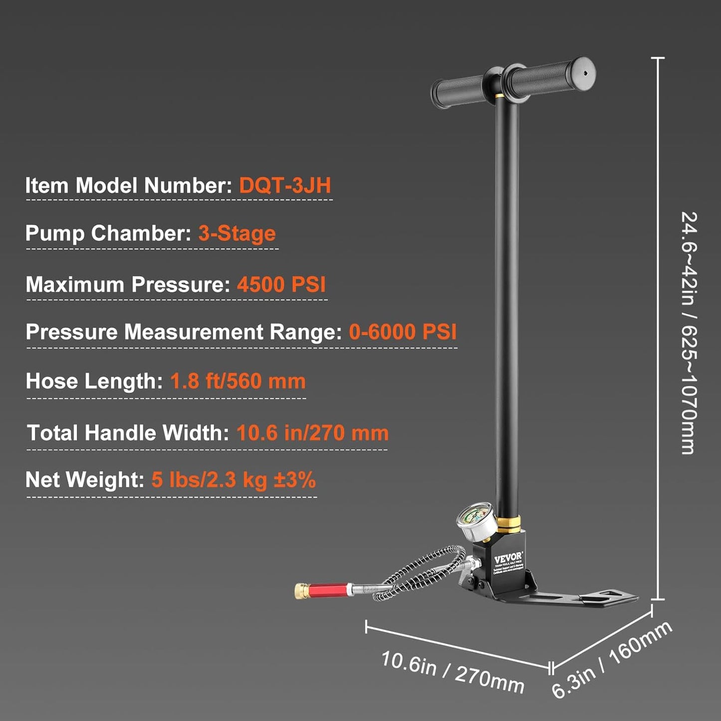 VEVOR High Pressure Hand Pump 3 Stage Airgun PCP Filling Stirrup Pump (30MPA), Black