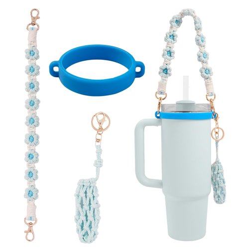 PWMENLK Premium Charms Stanley Cup Accessories, Versatile Cup Holder with Strap for 14oz, 30oz, 43oz Water Bottle, Braided Flower Jewelry Rope for Cup Carrier