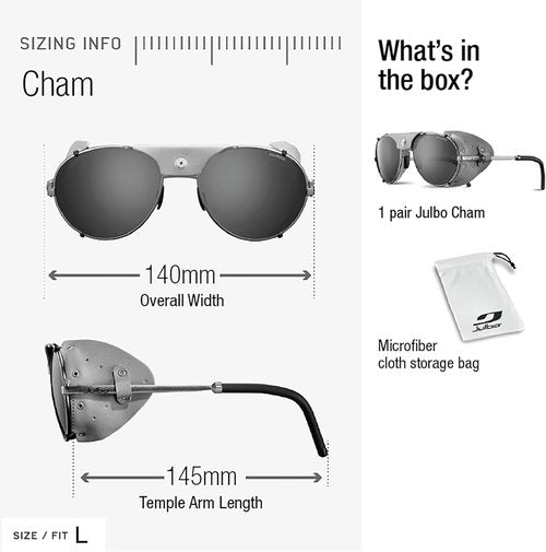 Julbo Cham Glacier Sunglasses for Men & Women w/Removable Leather Side Shields for Hiking, Skiing, Snow - 100% UV Protection