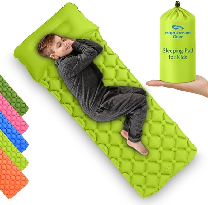 Kids Sleeping Pad for Camping and Sleepovers with Pillow, Inflatable Camping Mattress for Backpacking & Travel, Thick Toddler Cot Mat, Fast Inflating Camping Sleeping Pads for Kids