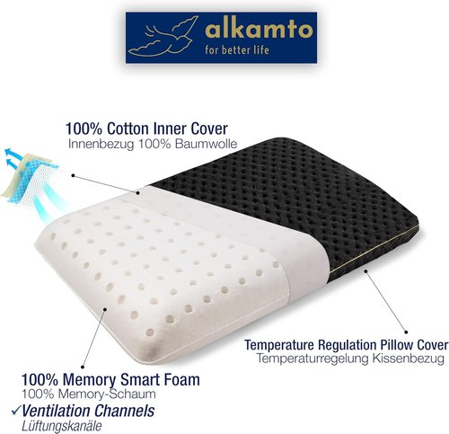 alkamto Travel & Camping Comfortable Memory Foam Pillow – Easy to Carry Portable Bag – Temperature Regulating Pillow Case (Black)