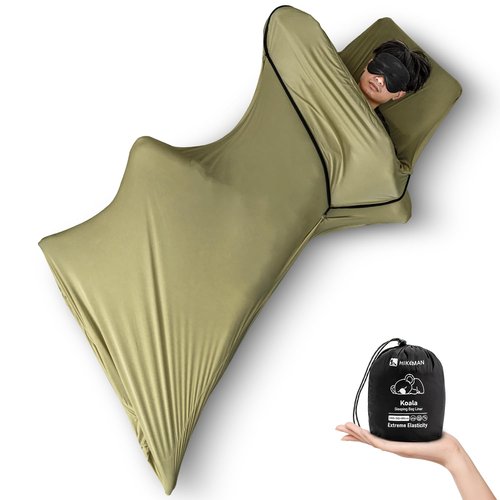 HIKEMAN Lightweight Sleeping Bag Liner - Portable Travel Sheet,Adult Sleep Sack,210x80cm Camping Sheet with Pillow Pocket for Hotels Backpacking Camping Hiking Trains (Army Green)