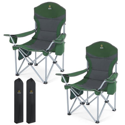 Nice C Camping Chair, Portable Chair, Lawn Chairs, Outdoor Chairs, with Armrest, Cooler Bag, Cup Holder, Side Pocket, for Camping, Traveling, Picnic (Green&Grey 2-Pack)