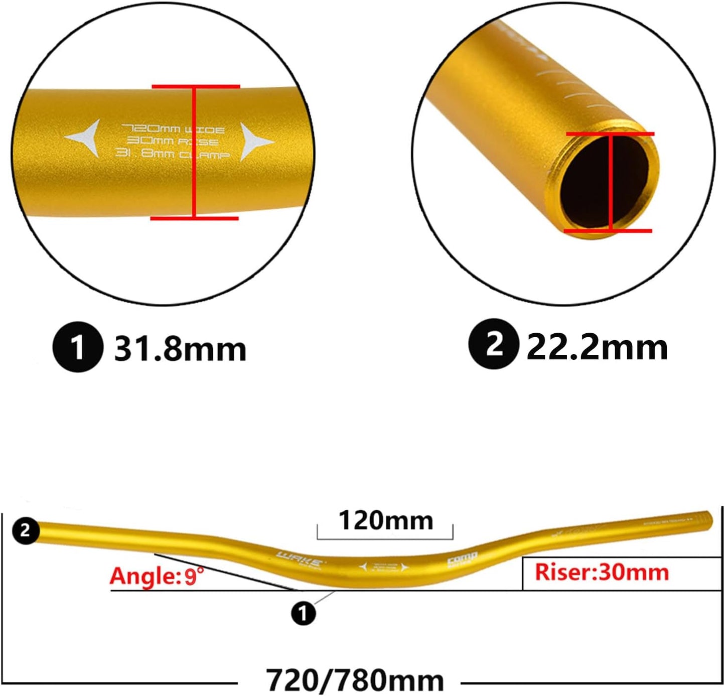Wake Bicycle Handlebars 31.8 mm Mountain Bike Handlebar 720mm/780mm Aluminium Alloy MTB Handlebar Bicycle Riser Bars Extra Long Bicycle Handlebars for Downhill Cycling Racing