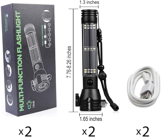 Lebote Car Flashlight Solar Power Tactical Flashlight Multi Function Flashlight Bright LED Emergency Torch Light With Safety Hammer Seat Belt Cutter Compass For Hiking Camping