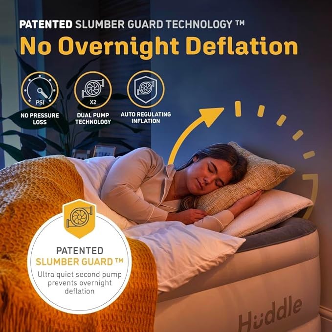 Huddle® Luxury Never Deflate Queen Air Bed with Patented Dual Pump SlumberGuard™ Premium Technology | Inflatable Mattress with Built-in Pump | Comfortable Inflatable Mattress