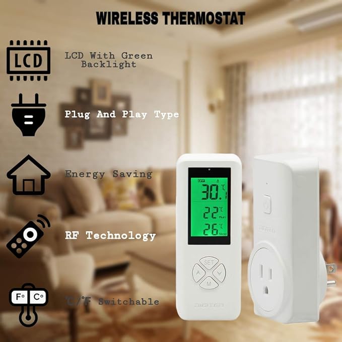 DIGITEN Wireless Temperature Controlled Outlet, Digital Plug-in Programmable Thermostat Outlet with Remote Control, Heating & Cooling for A/C, Fan, Heater (Temp Sensor Built in The Remote Controller)
