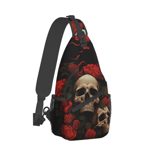 Mqtzyiwx Gothic Rose Blood Skull Sling Backpack Hiking Backpack Crossbody Bag Sports Lightweight And waterproof Chest Bag Shoulder Bag For Women Men