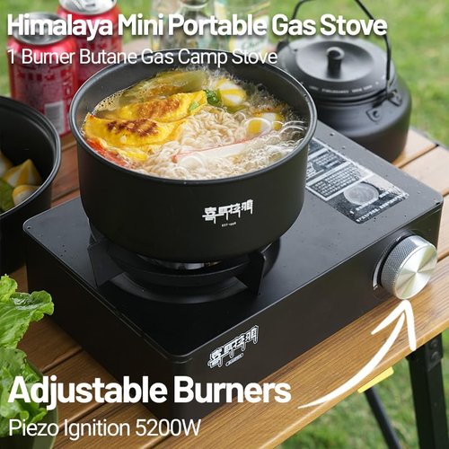 Himalaya Camping Stove, Cookware Portable Butane Stove Burner Gas Camp Stove Magnetic Canister 5200W Adjustable Burners Piezo Ignition for Camping, Picnics, Outdoor, BBQ (Premium Black)