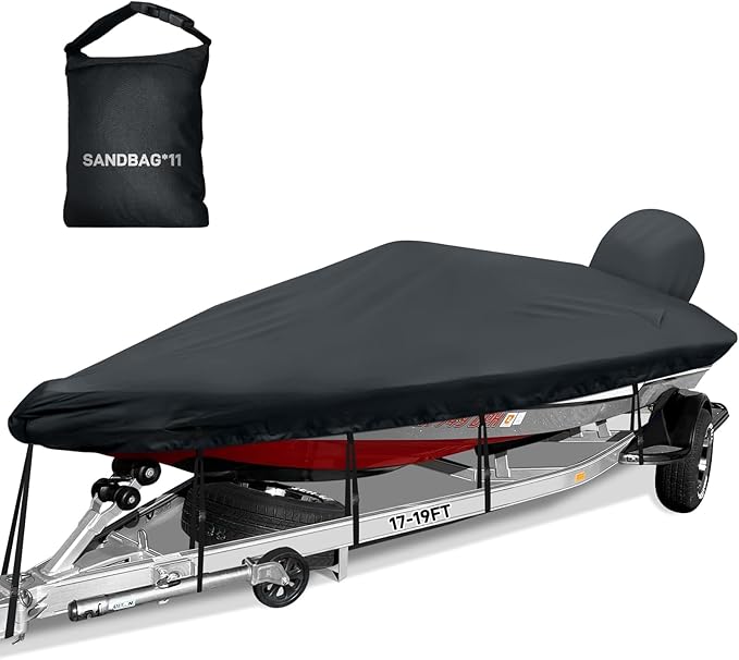 Boat Cover 17-19ft,Bass Tracker Boat Cover with Sand Bag Mooring Kit,1200D Marine Canvas Waterproof Heavy Duty Boat Covers for 17 feet 18ft 19' Foot V Hull Bass & Runabout Boat,Black