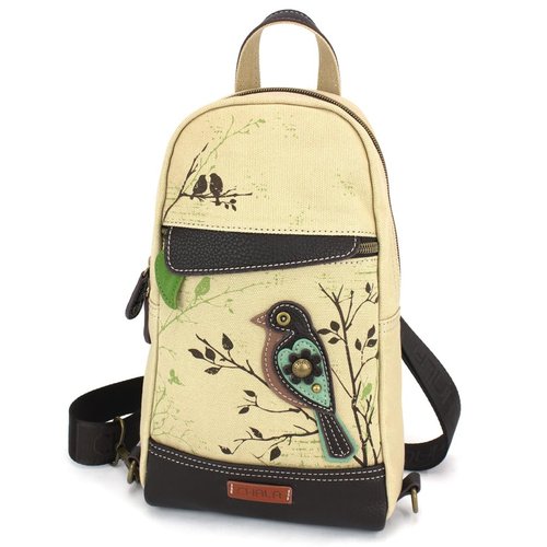 CHALA Canvas Sling Bag Women RFID Protected Canvas Crossbody Backpack with Adjustable Strap (Bird - Sand)