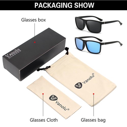 Vanolu Rectangular Sports Polarized Sunglasses for Mens and Womens,Black Retro Sun Glasses Driving Fishing UV400 Protection