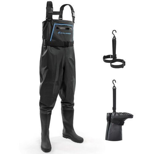 Calamus WaveWalker Fishing Waders for Men & Women, 100% Waterproof PVC Chest Waders with Slip-Resistant Boots, Tear-Resistant Nylon, Ample Storage, Wader Hanger, Black, M10/W12
