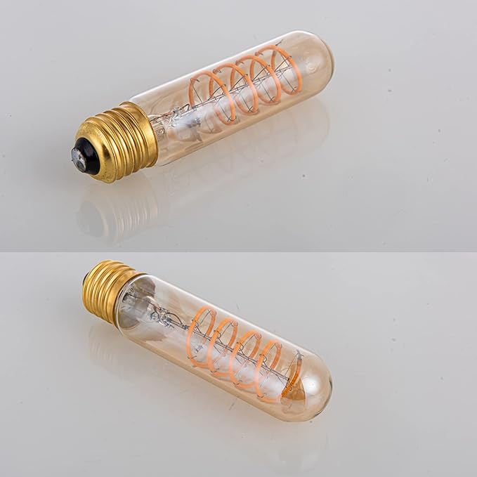 T10 LED Bulbs 40 Watt Equivalent 4W Dimmable Edison Tubular Light Bulb E26 Medium Base 2700K Warm White, T10 Vintage Amber Glass Spiral Filament LED Light Bulb, 2 Pack