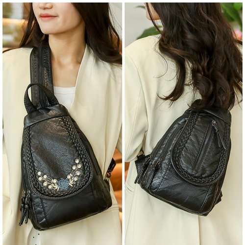 Lightolife Faux Leather Convertible Sling Backpack Travel Hiking Crossbody Shoulder Bag for Women, Black 4