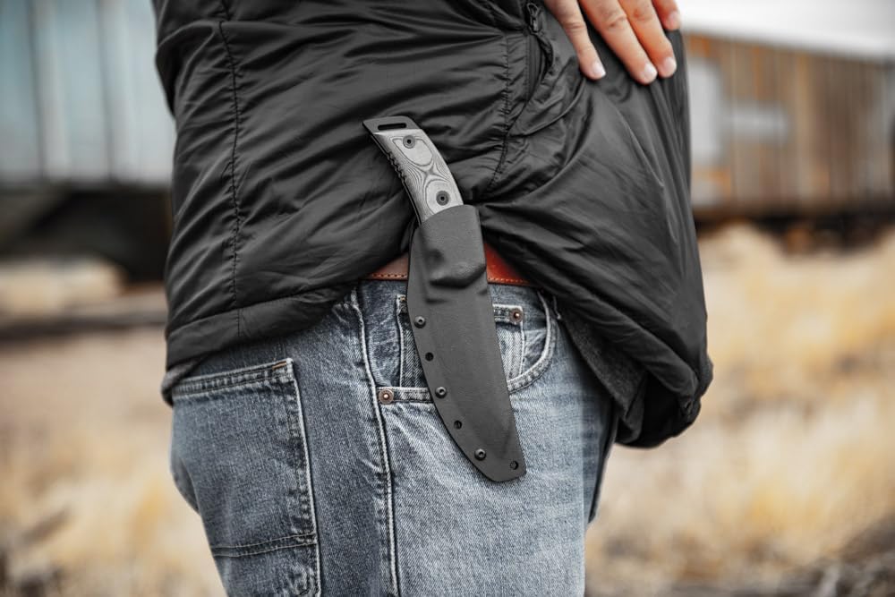 Tops Knives Loner Full Tang Fixed Blade- Black kydex Sheath w/Rotating Spring Steel clip (Black Linen Micarta)