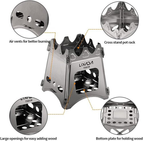 Lixada Titanium Wood Stove Ultralight Backpacking Stove Portable Folding Camping Stove Compact Durable Wood Burning Stove for Outdoor Cooking Hiking Camping Picnic BBQ and Bushcraft Survival