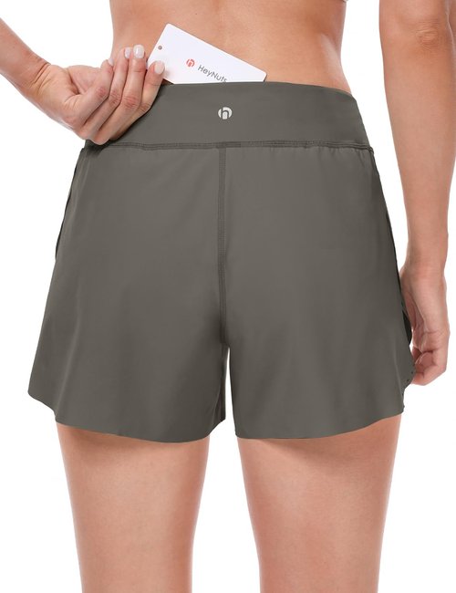 HeyNuts My Pace Running Shorts for Women, Mid Waisted Reflective Athletic Shorts Lined Workout Shorts 3" Grayish Green XS(0/2)