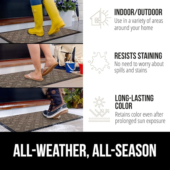 GORILLA GRIP 100% Waterproof All-Season WeatherMax Doormat, 47x35, Durable Natural Rubber, Stain and Fade Resistant, Low Profile, Indoor Outdoor Door Mats, Easy Clean Entry Mat, Taupe Basket Weave