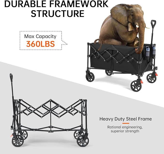 220L Collapsible Foldable Wagon Cart with 360LB Capacity - Heavy Duty Utility Cart for Camping, Groceries, Gardening, Shopping - 360° Wheels, Flexible Handle, and Cup Holders