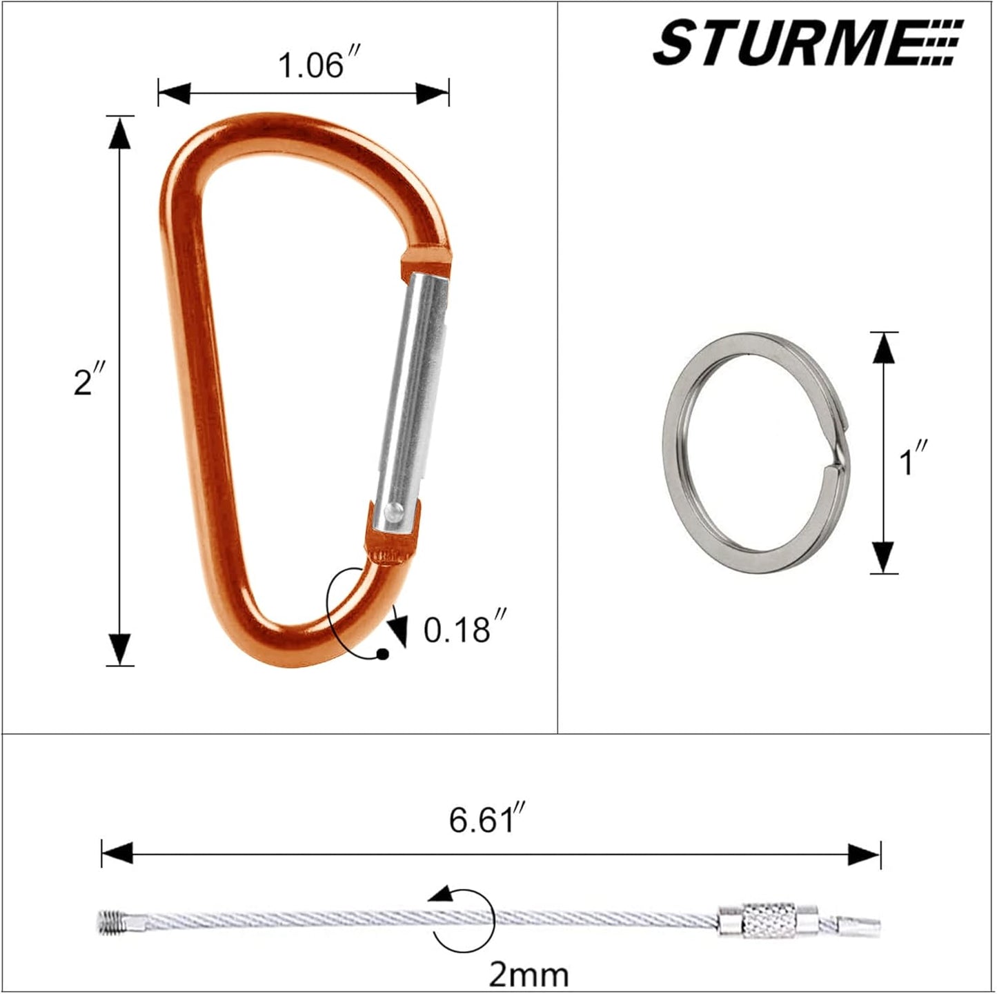 STURME 2" Aluminum D Ring Carabiners Clip D Shape Spring Loaded Gate Small Keychain Carabiner Clip Set Outdoor Camping Mini Lock Snap Hooks Spring Link Key Chain Durable Improved 24 PCS