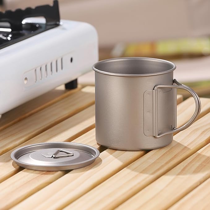 Titanium Camping Mug 400ml/13.5oz Lightweight Titanium Pot with Lid Foldable Handle Tea Cup Coffee for Outdoor Backpacking Hiking Traveling Picnic