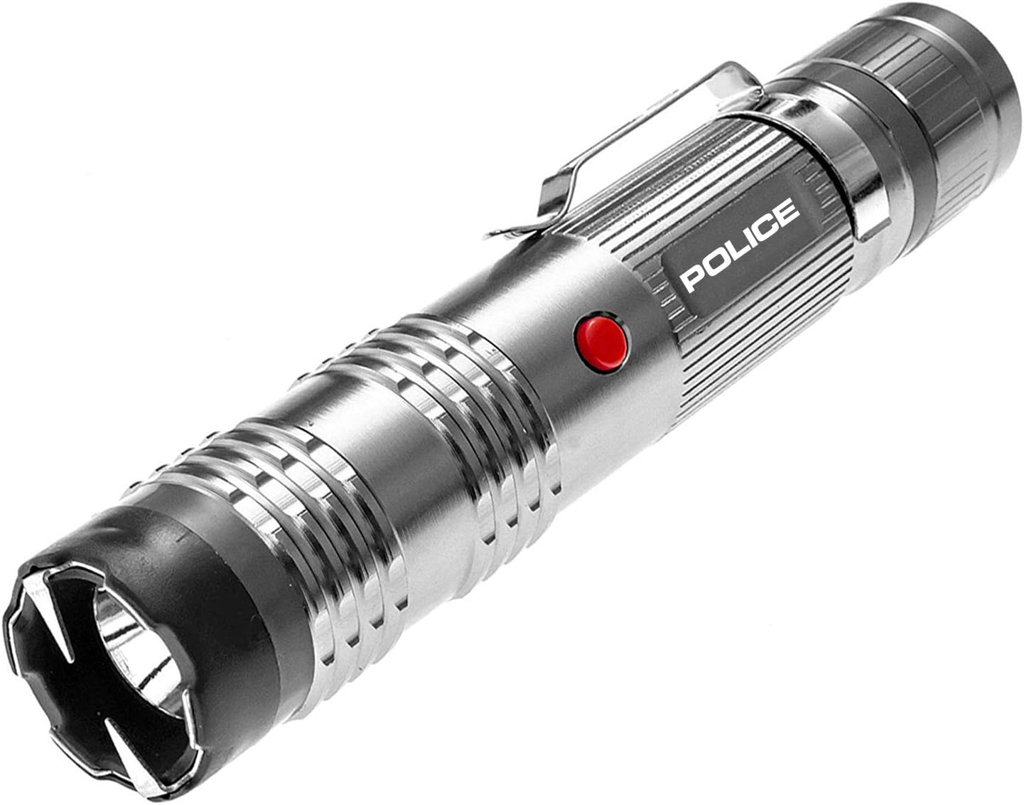 POLICE Stun Gun for Self Defense – M12 Aluminum High Voltage Mini Rechargeable with LED Flashlight, Compact & Heavy Duty – Personal Security for Women & Men – Grey