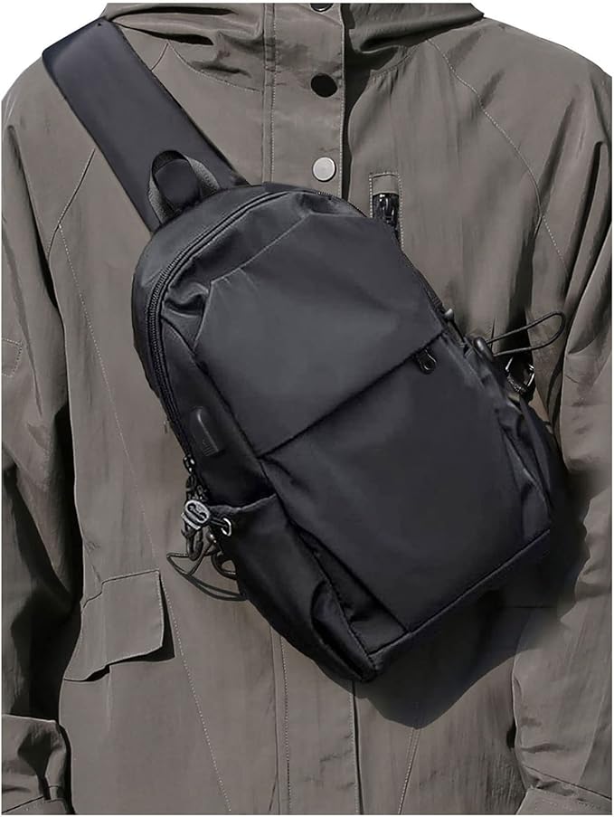 SEAFEW Small Black Sling Crossbody Backpack Shoulder Bag for Men Women, Lightweight One Strap Back Pack Sling Bag Backpack for Hiking Walking Biking Travel Cycling USB Charger Port-Nylon