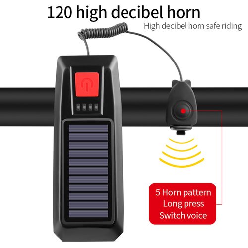 Bike Horn Headlight Solar/USB Dual Charging Bike Horn Light High Brightness Bike Headlight Waterproof Bike Horn Light Ideal for Mountain and Road Night Riding Essential Gear for Night Cycling (Red)