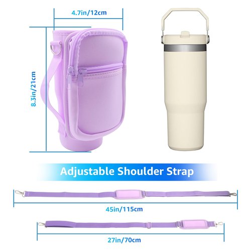 for Stanley Iceflow Flip Straw Tumbler 30 oz, Water Bottle Cup Holder Cover Carrier Sling Bag with Strap, Pouch Pocket for Phone / Accessories, add Handle for Stanley Flip Straw, Neoprene (Purple)