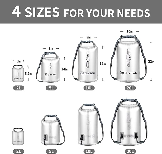 Waterproof Dry Bag - Roll Top Transparent Storage Bag,2L/5L/10L/20L,Suitable for Traveling, Swimming, Kayaking, Camping, Fishing, Rainy Day Trips