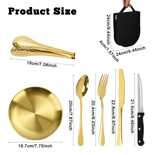 20-Piece Stainless Steel Silverware Set with Organizer, Including Plates, Knives, Forks, Spoons - Premium Outdoor Picnic Tableware for Camping (Golden)
