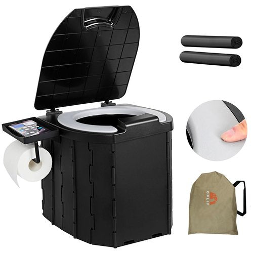 Portable Camping Toilet Upgraded Soft Camp Toilet Seat with Paper Holder- Travel Potty Perfect for Emergency Preparedness, Backcountry, Car, Boat, Road Trips. (BLACK)