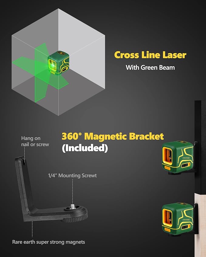 APEXFORGE X1C Cross Line Laser Level, with Rechargeable Battery, 100ft Green Beam, Self-Leveling, Vertical and Horizontal Line, Pulse Mode, 360° Magnetic Pivoting Base