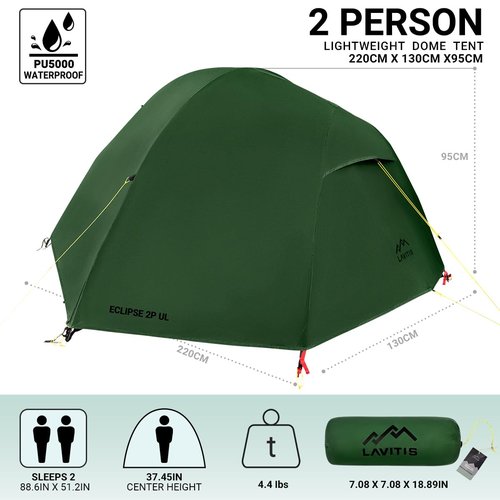 Lavitis 2 Person Lightweight Backpacking Tent,Ultralight Portable 20D Waterproof Nylon Tent for Camping，4.4LB 3 Season Backhiking with 7001 Aluminum Poles and V-Shaped Aluminum Floor Spike